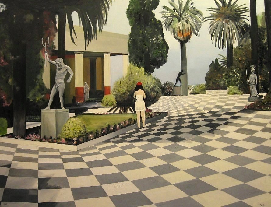 Peter Boonstra, kunstschilder, Meisje met rode muts, Olieverf Schilderij, 2003, Griekenland. Beeldentuin, 80x100xm